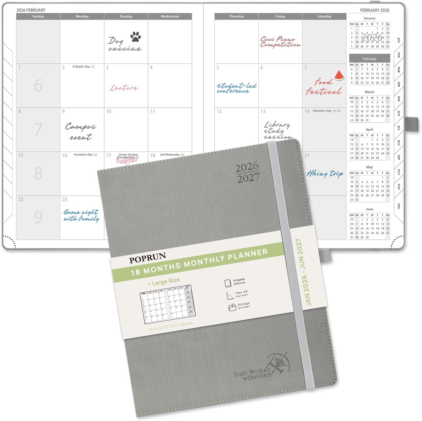 POPRUN Monthly Planner 2026-2027 (Large- 8.5" x 10.5" Soft Cover), 18-Month Calendar Book (Jan.2026 - Jun. 2027), Calendar Planner with Monthly Tabs & Pocket, 100 GSM Paper - Grey