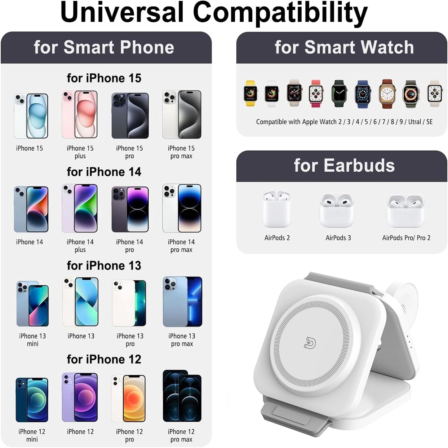 Wireless Charging Station for Apple Multiple Devices - 3 in 1 Foldable Magnetic Wireless Charger - Travel Charging Pad for iPhone 16 15 14 13 12 Pro Max Plus Watch & AirPods (White)