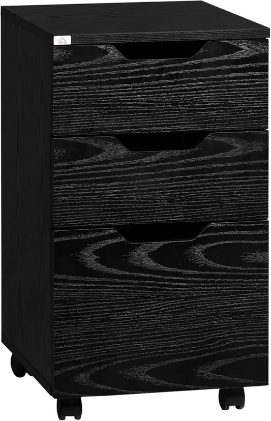 HOMCOM 3 Drawer Mobile File Cabinet, Rolling Printer Stand, Vertical Filing Cabinet, Black Wood Grain