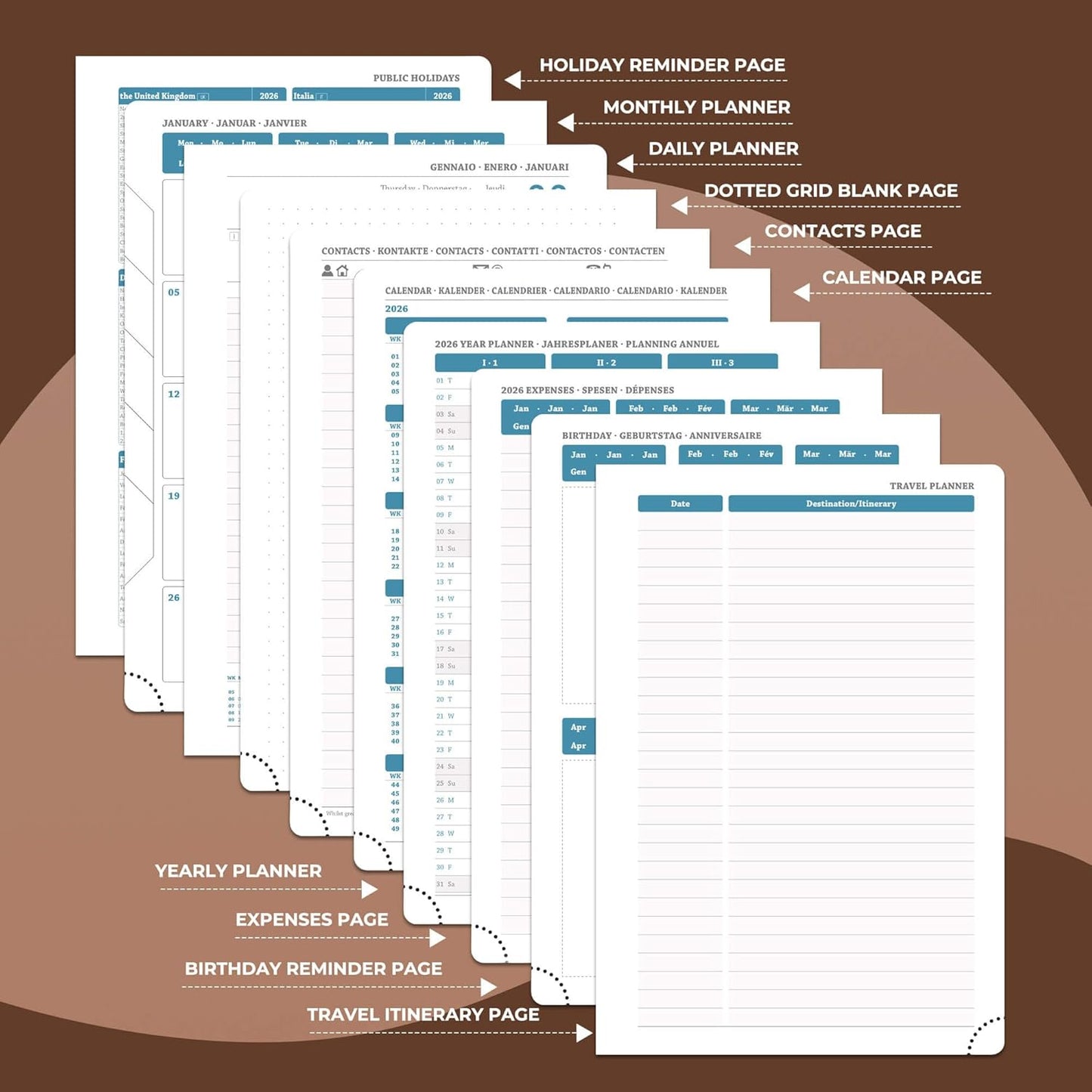 Daily Planner 2026 with One Page Per Day,(A5-8.5" x 5.9"),12 Months Calendar Hourly Appointment Book Monthly Tabs & Self-adhesive Pen Holder,Inner Pocket, Vegan Leather Hardback,Brown