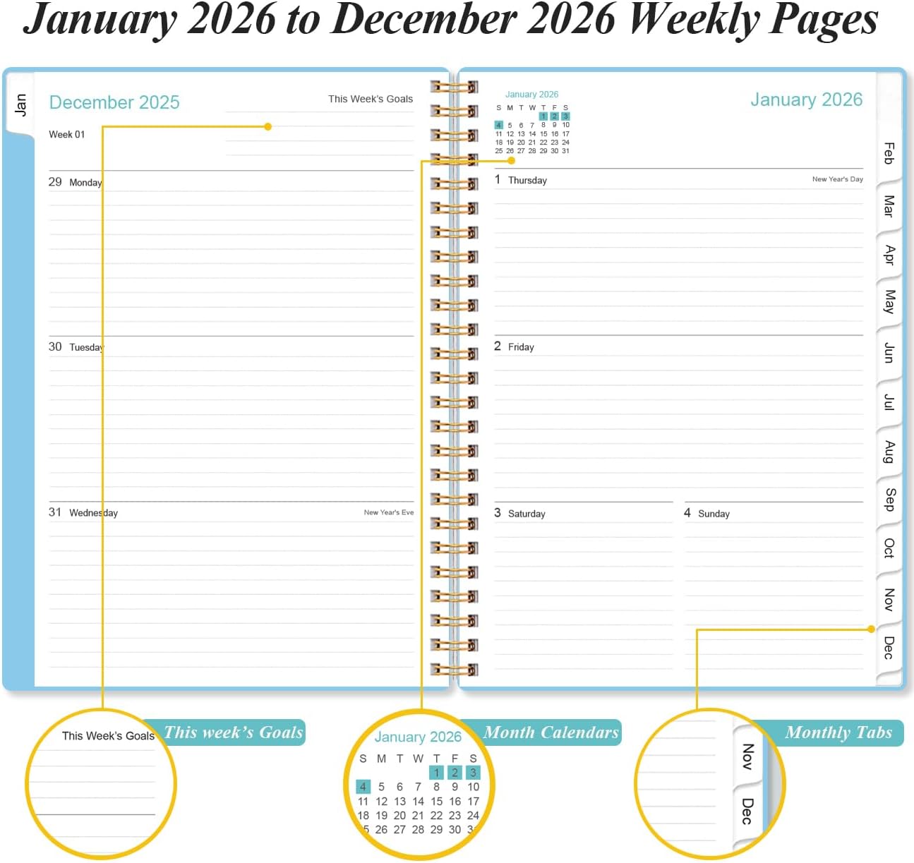 2026 Planner - Weekly and Monthly Calendar Planner from Jan 2026 - Dec 2026, Planner 2026 Spiral Bound with 12 Monthly Tabs, Inner Pocket, Perfect for School Office Supplies, 6.4" x 8.5", Blue