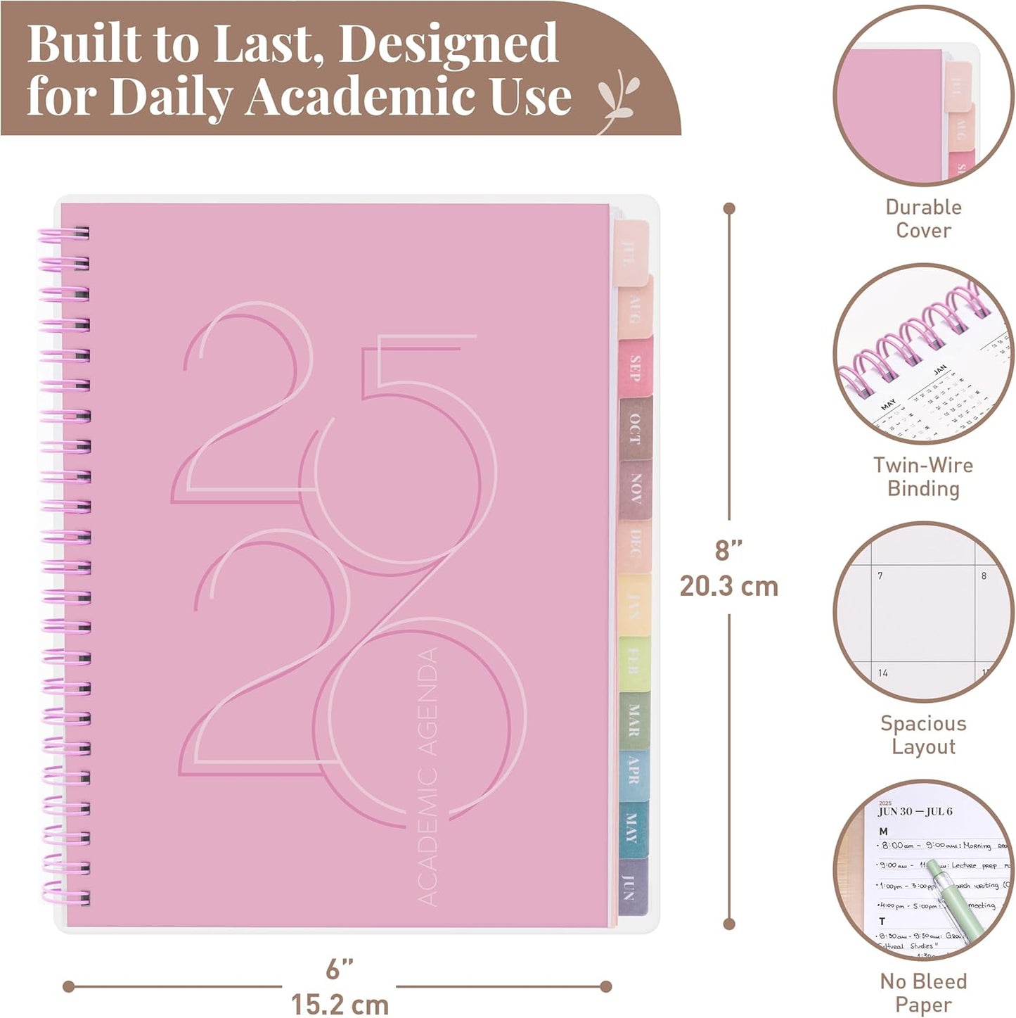 Rileys Academic Planner 2025-2026, Daily, Weekly & Monthly Planner, July 2025 - June 2026, Student Notes Pages, Twin-Wire Binding, Weekly Agenda for School & Work (8 x 6-Inches, Pink, Deco)