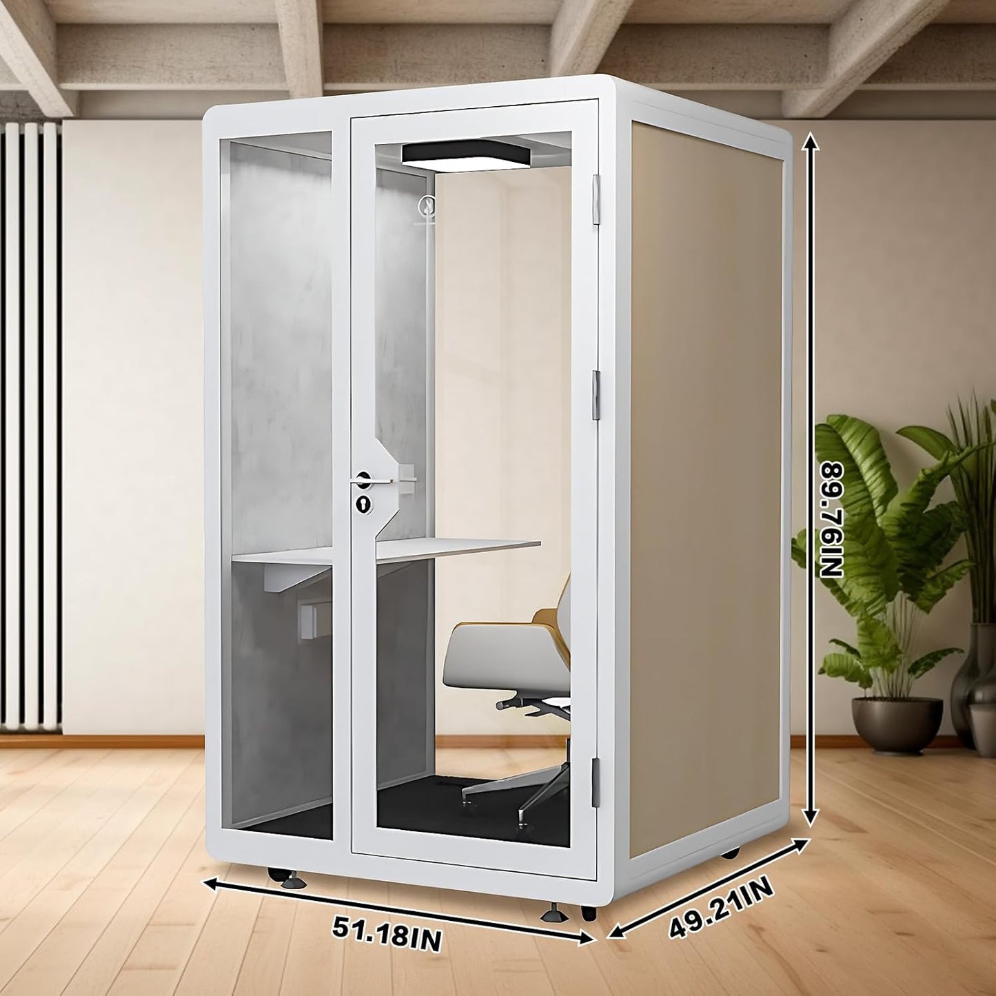 Office Sound Booth with Audio Privacy - Removable Soundproof Booth Includes White with Wood Grain Side Trim,Soundproof Room with Light,Fans, Socket for Singing Room,Telephone Booth (51.18IN)