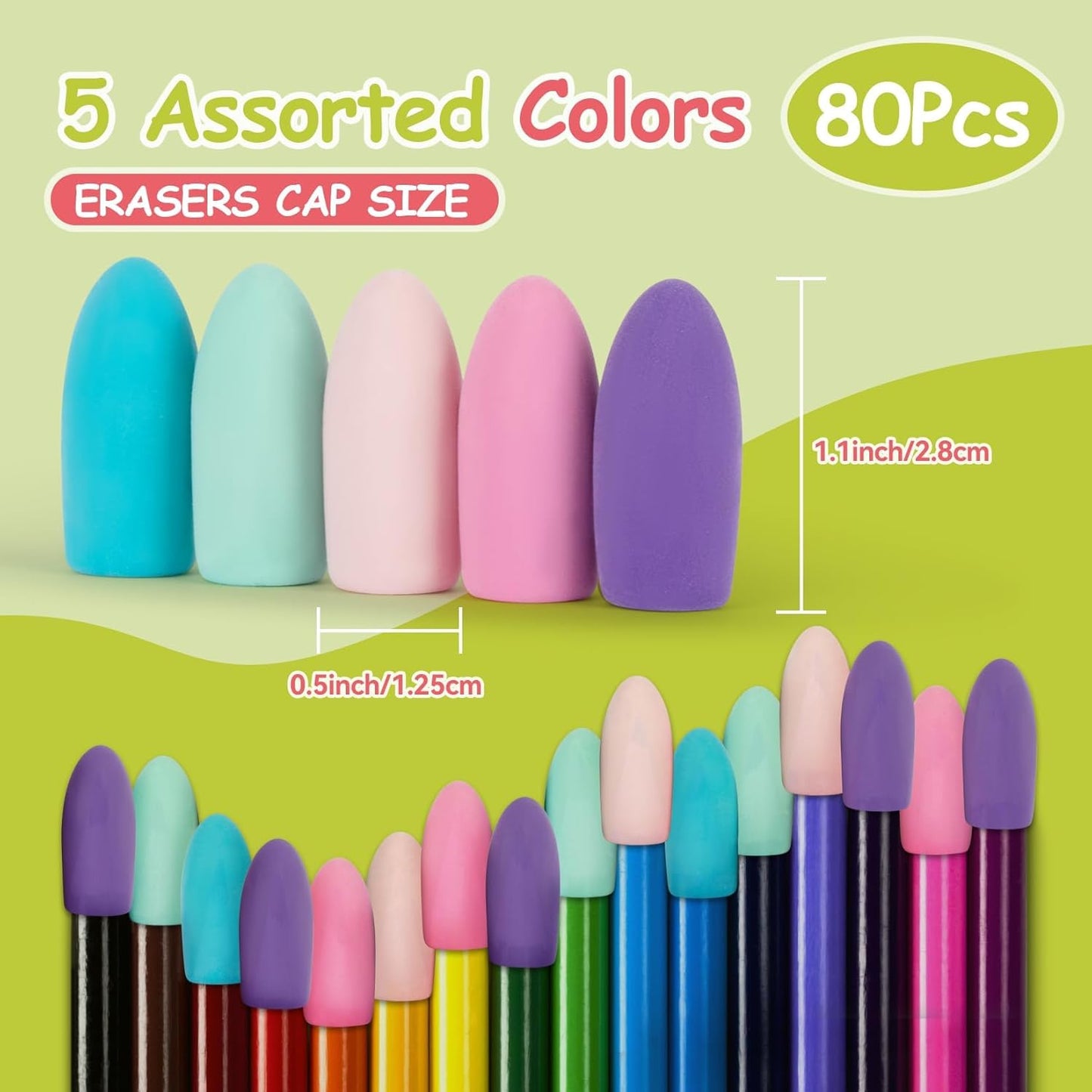 Sukh Cap Erasers for Pencils Pulk - Pencil Top Erasers 80 PCS Pencil Cap Toppers for Kids Latex Free 5 Colors School Erasers Cap for Teachers Sudents Classroom Home and Office
