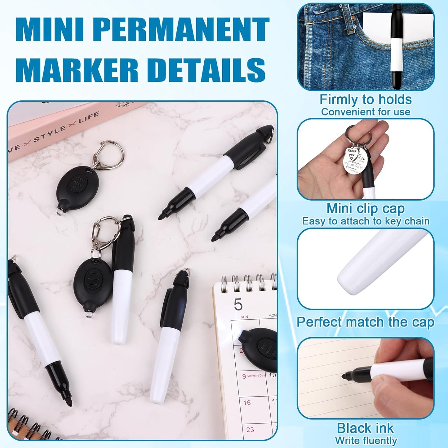 20Pcs Mini Flashlight Keychain Permanent Marker Keychain Mini Keychain Flashlights & Permanent Marking Pens LED Keychain Flashlight Mini LED Keychain Light Black Marker Pens