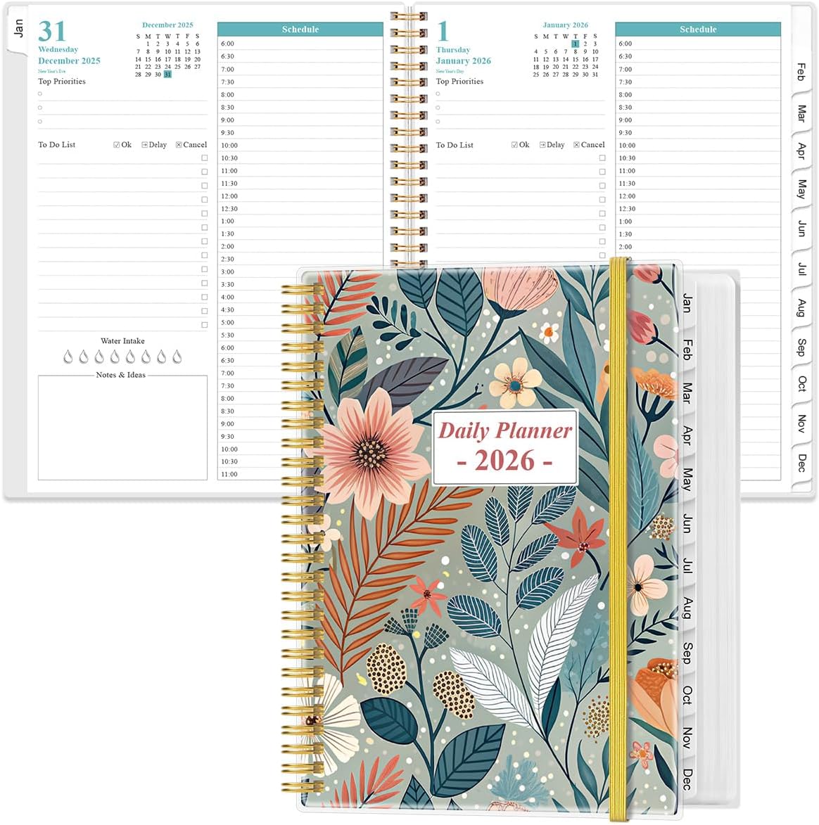2026 Daily & Monthly Planner - One Page Per Day, Daily Planner from January 2026 - December 2026, Planner 2026 with 12 Monthly Tabs, 8.5" x 11", Flower-B