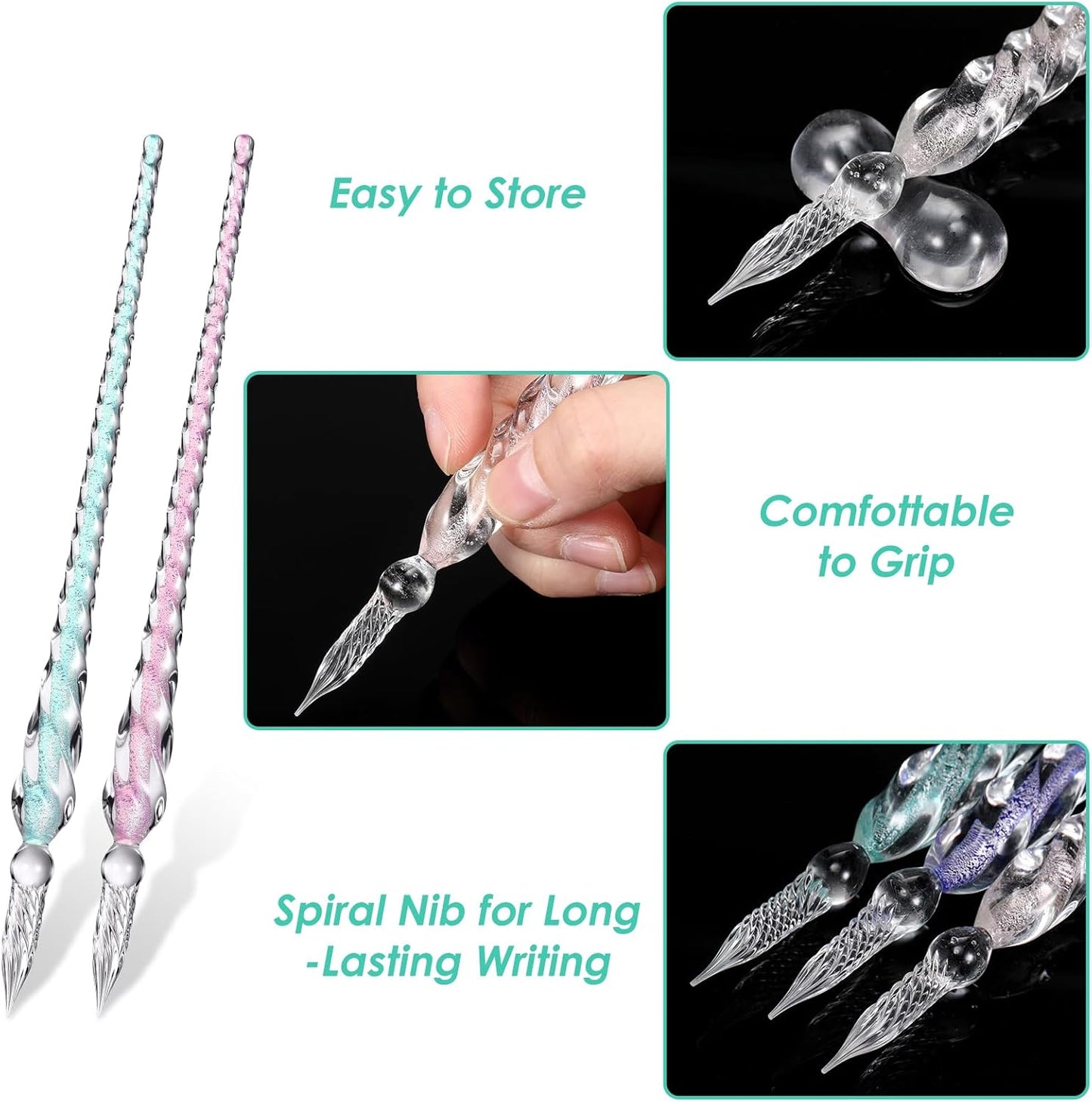 Outus 9 Pieces Glass Dip Pen Handmade Glass Signature Pen High Borosilicate Glass Crystal Vintage Dip Pen with 9 Pieces Pen Holder for Writing Drawing Calligraphy (Classic Color)