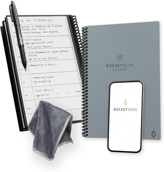Rocketbook Fusion Reusable Undated Productivity Planner, Executive Size 6x8.8, Gray - Goals, Monthly and Weekly Calendar, Daily To-do List, Lined and Dotted Notes Pages