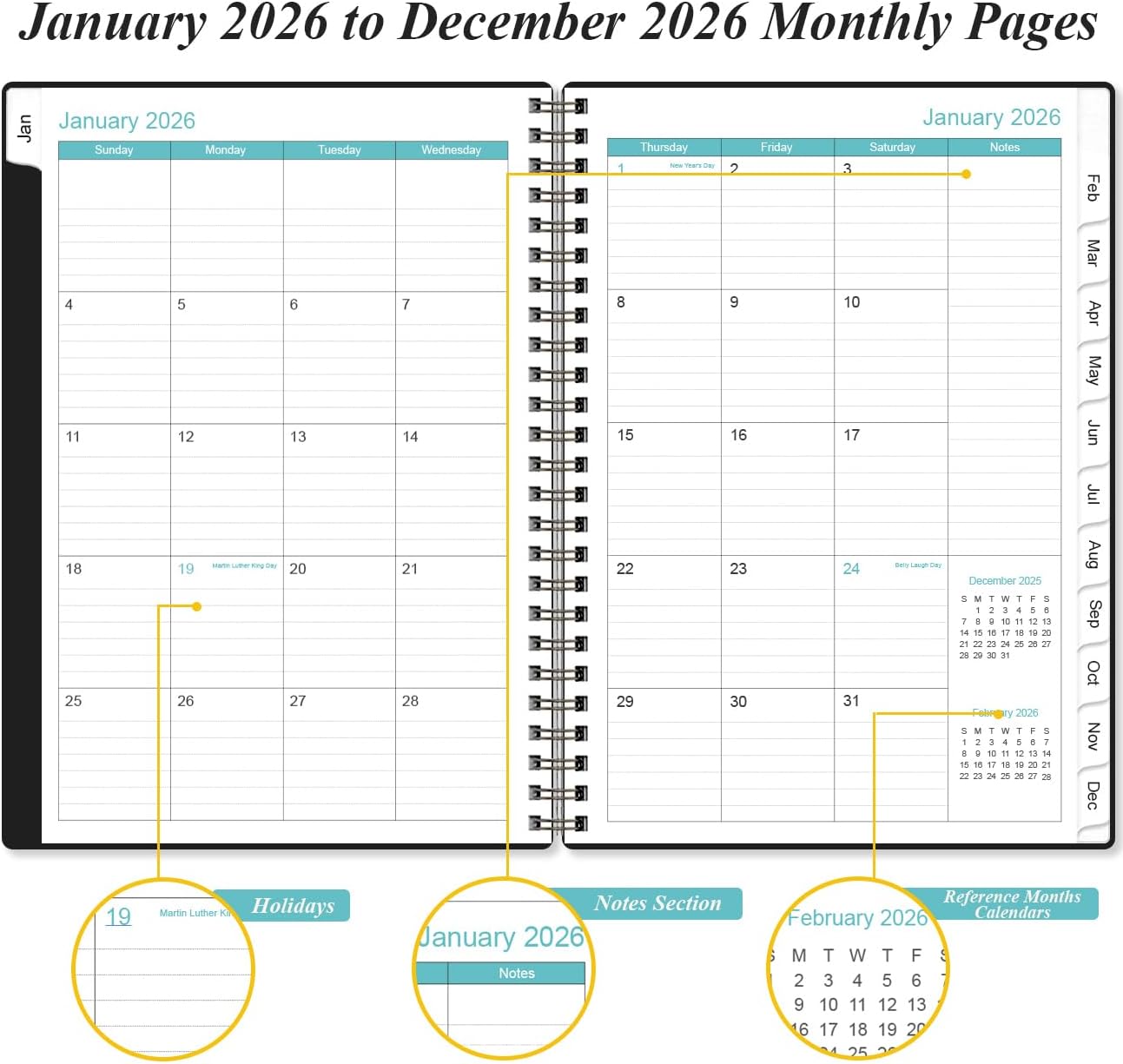 2026 Planner - Planner 2026 from January 2026 - December 2026, Weekly & Monthly Planner Spiral Bound with 12 Monthly Tabs, Inner Pocket, 6.4" x 8.5", Black-A