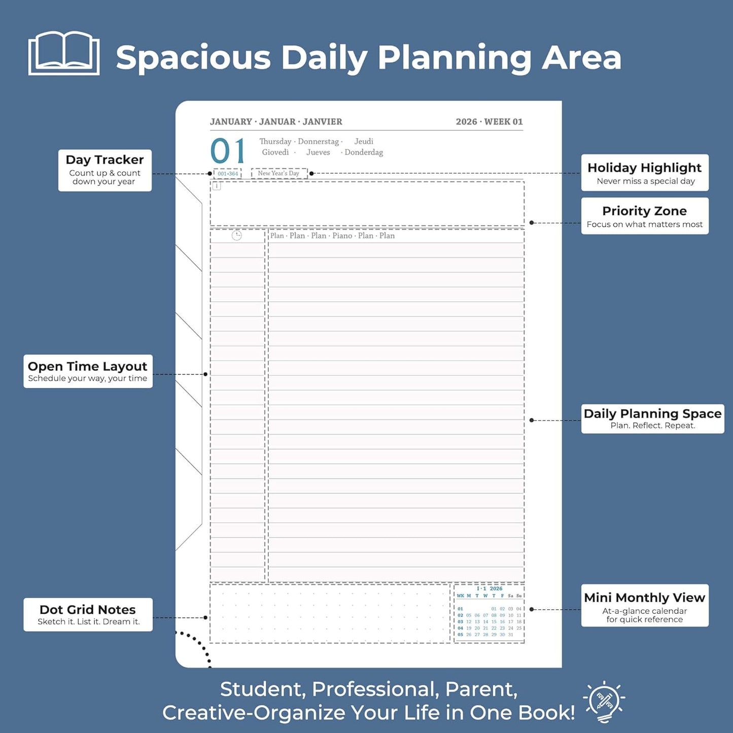 Daily Planner 2026 with One Page Per Day,(A5-8.5" x 5.9"),12 Months Calendar Hourly Appointment Book Monthly Tabs & Self-adhesive Pen Holder,Inner Pocket, Vegan Leather Hardback,Blue