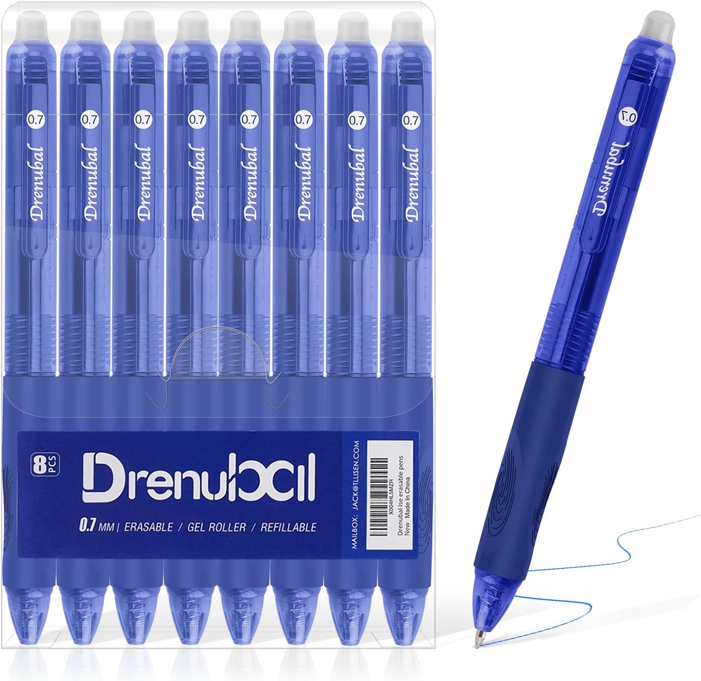 8-Pack Erasable Ink Pens with Built-in Eraser | 0.7mm Fine Point Gel Pens for Smooth Writing - Gel Pens for School, Office, Journals & Exams,Blue pens,Blue Ink pens