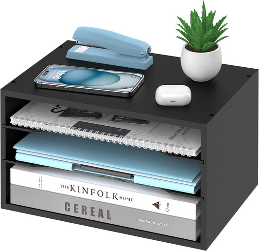 Wood Desk Organizer, 3 Tier Paper Tray Organizer for Desk with Adjustable Storage Shelves, Desktop Paper Sorter Mail Holder for Office Home Classroom, Black