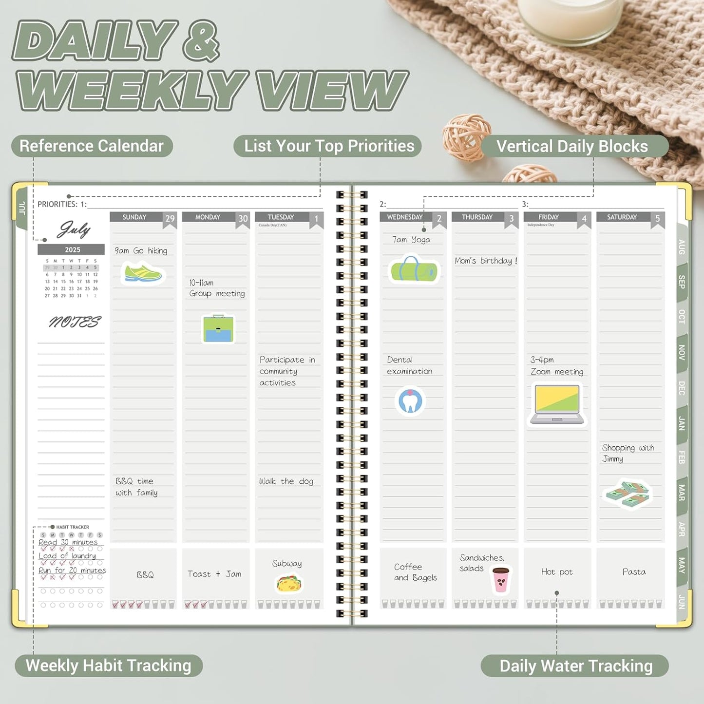 Academic Planner 2025-2026 (8.5" x 11") - Weekly & Monthly Planner (Jul. 2025 - Jun. 2026), Column View Calendar Organizers, Hardcover Agenda Book with Tabs for Office & School, Green