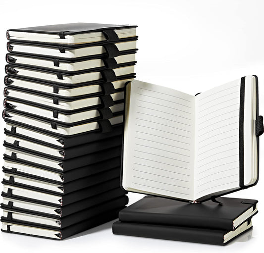 Laumoi 20 Pack Pocket Notebook Journals 3.7" x 5.7" Hardcover Small Mini Pocket Notebooks with Pen Holder A6 Lined Journal with 100 Gsm Paper(Black)
