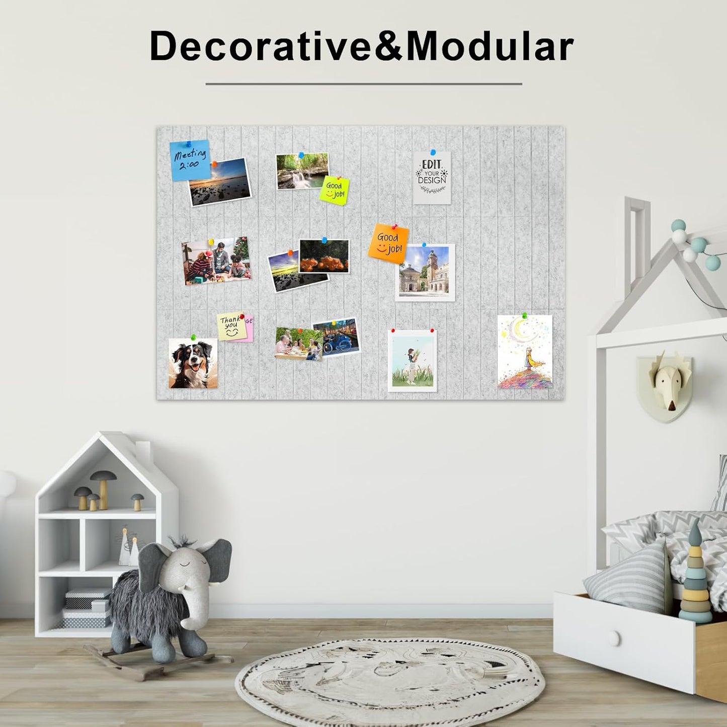 12 Pack Large Cork Board for Walls, Slat Wall Paneling, 48" X 36" Felt Bulletin Board Tiles with Safe Removable Adhesive Tabs & Push Pins, Pin Board Cork Board Wall Organizer for Office - Light Grey