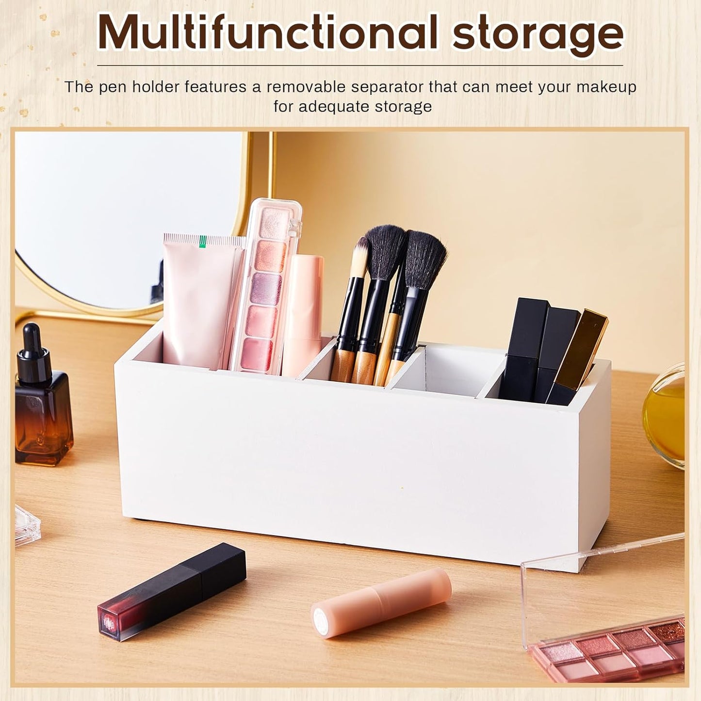 Jetec Wooden Pencil Holder 5 Compartments for Desk Adjustable Pen Holder Wood Office Desk Organizers and Accessories Makeup Brush Organizer for Pen, Home, Office and Art Supplies (White)