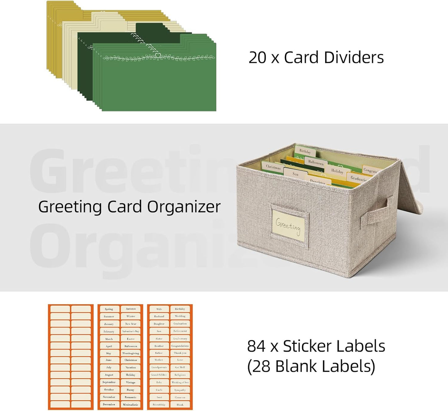 Vienrose Greeting Card Organizer Storage Box with 20 Removable Dividers, 84 Self-stick Labels, Perfect for Photos, Envelopes, Scrapbooking, Paper, Stickers Holder 1 Pack Beige