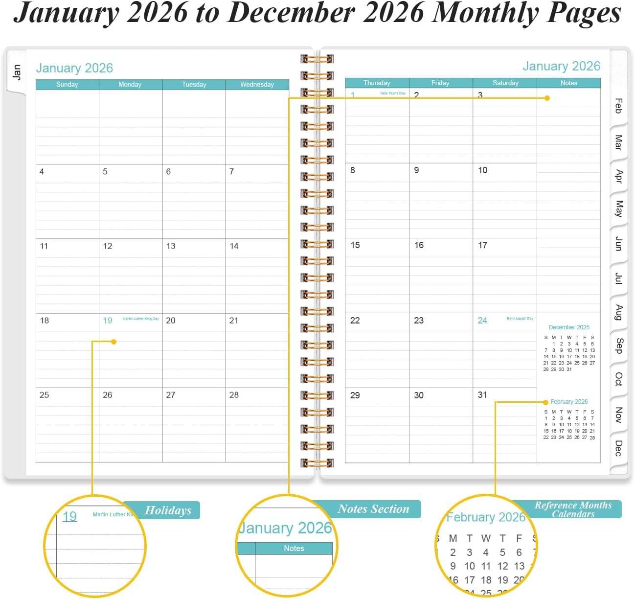 2026 Daily & Monthly Planner - One Page Per Day, Daily Planner 2026 from January 2026 to December 2026, Planner 2026 with 12 Monthly Tabs, 6.4" x 8.5", Flower-A
