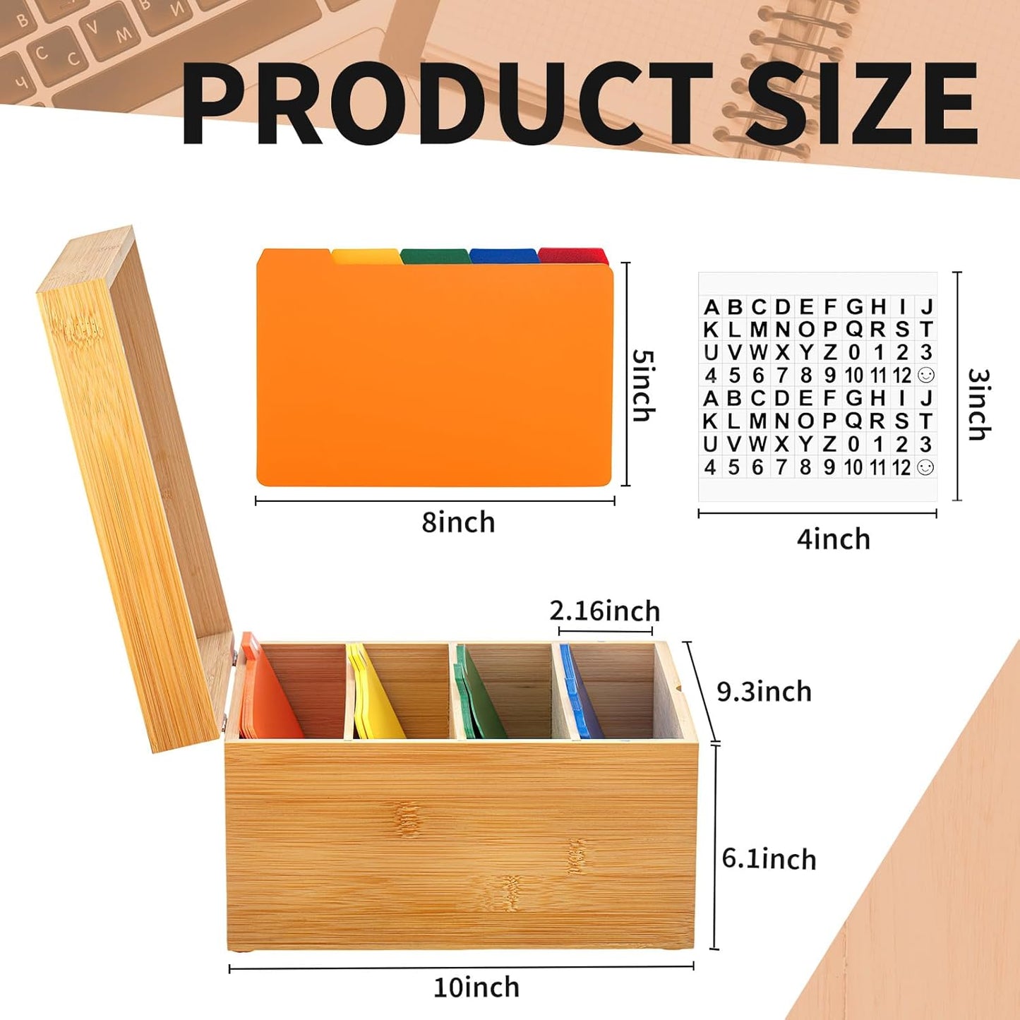 Henoyso 5 x 8 Inches Index Card Holder Set, Bamboo Recipe Box Organizer Index Cards Organizer, 50 Pcs Dividers 2 Sheets Alphabet Number Stickers File Note Holders for Office Business Home Kitchen
