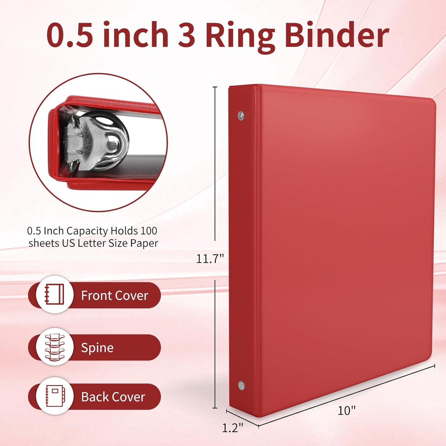 0.5-inch 3 Ring Binder with 2 Inside Pockets, 0.5'' Basic Binders Holds US Letter Size 8.5'' x 11'' Paper - Versatile Binders for Office, School and Home Use (Pack of 12, Assorted Color)