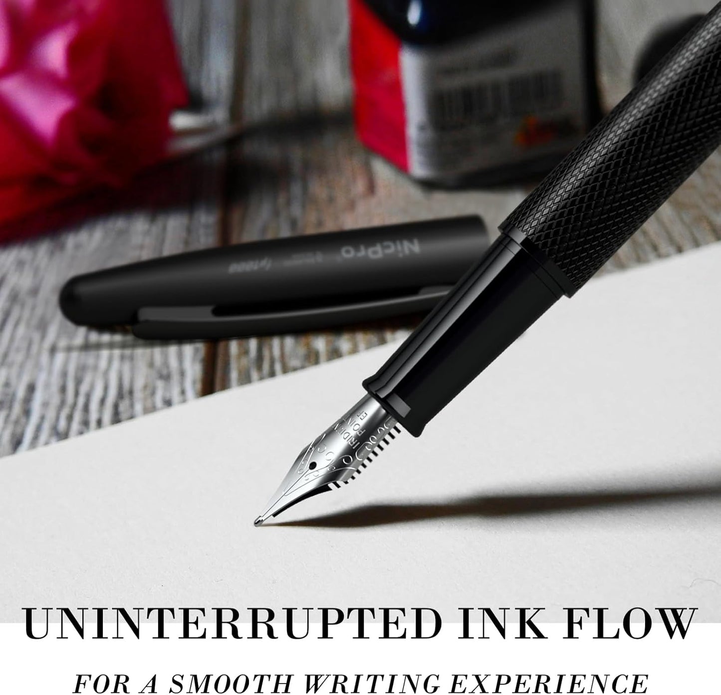 Nicpro Fountain Pen Set with Box, Classic Black Fancy Pen with Converter, 0.5mm Fine Nib Smooth Writing Calligraphy, Luxury Gift Pen