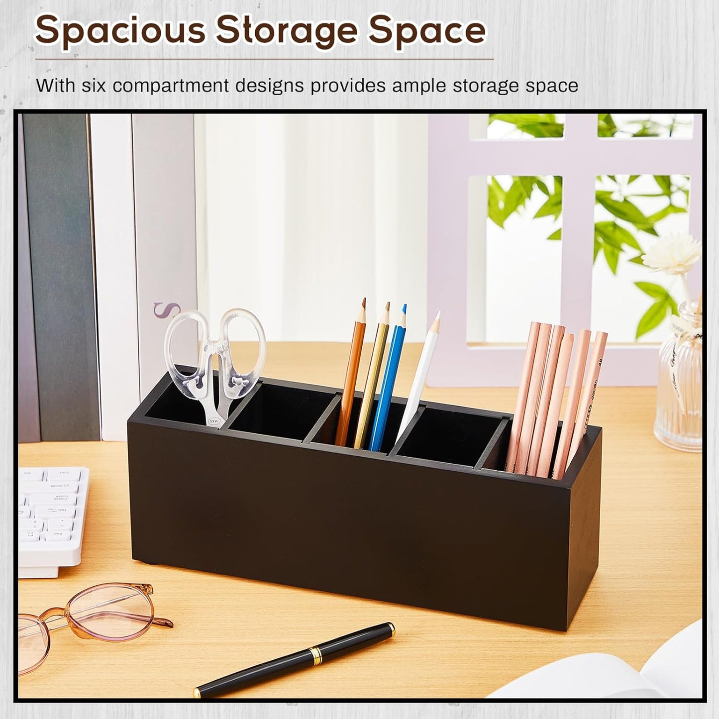 Jetec Wooden Pencil Holder 5 Compartments for Desk Adjustable Pen Holder Wood Office Desk Organizers and Accessories Makeup Brush Organizer for Pen, Home, Office and Art Supplies(Black)