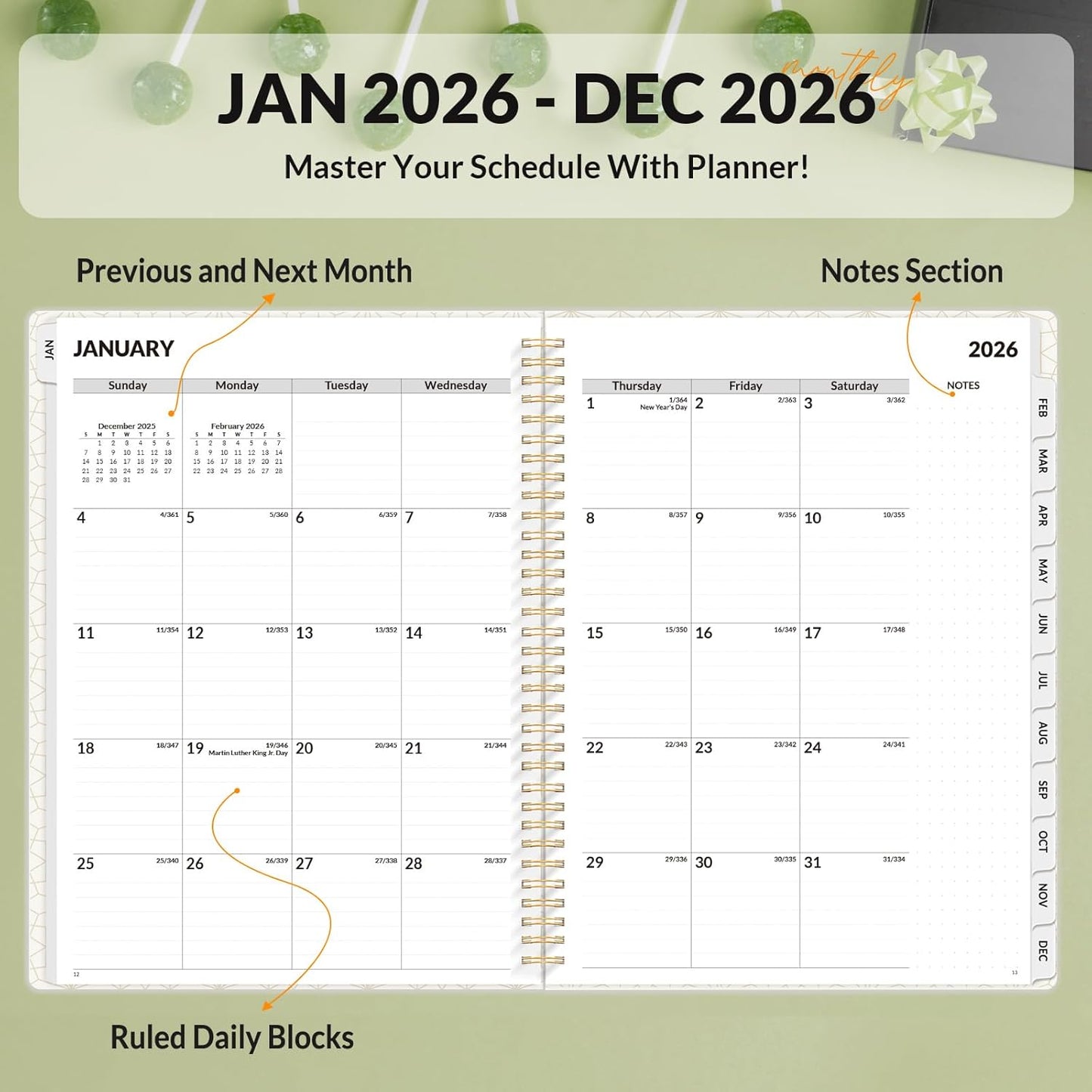 SUNEE Planner 2026 Weekly and Monthly, January 2026-December 2026, 8.5"x11", Tabs, Note Pages,Spiral Binding, Eucalyptus