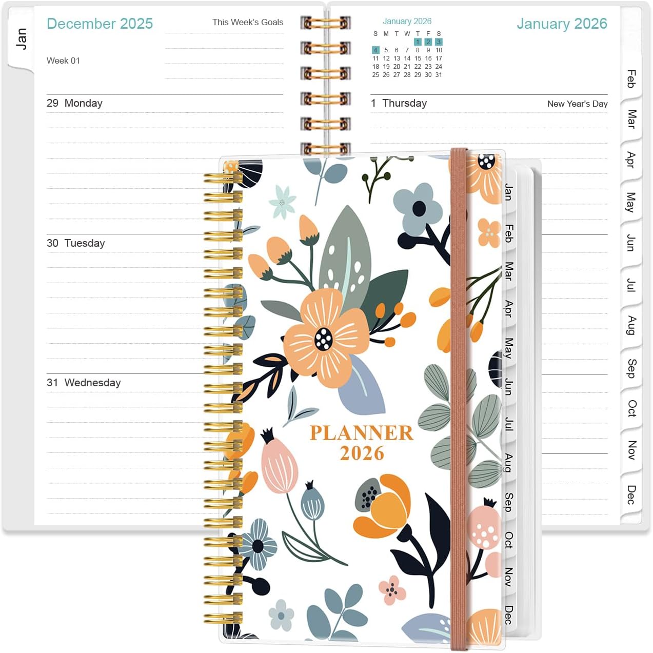 2026 Pocket Planner/Calendar - 2026 Planner from January 2026 - December 2026, Planner 2026 with 12 Tabs, Twin-Wire Binding, Inner Pocket, 3.75" x 6.75, Rose Flower