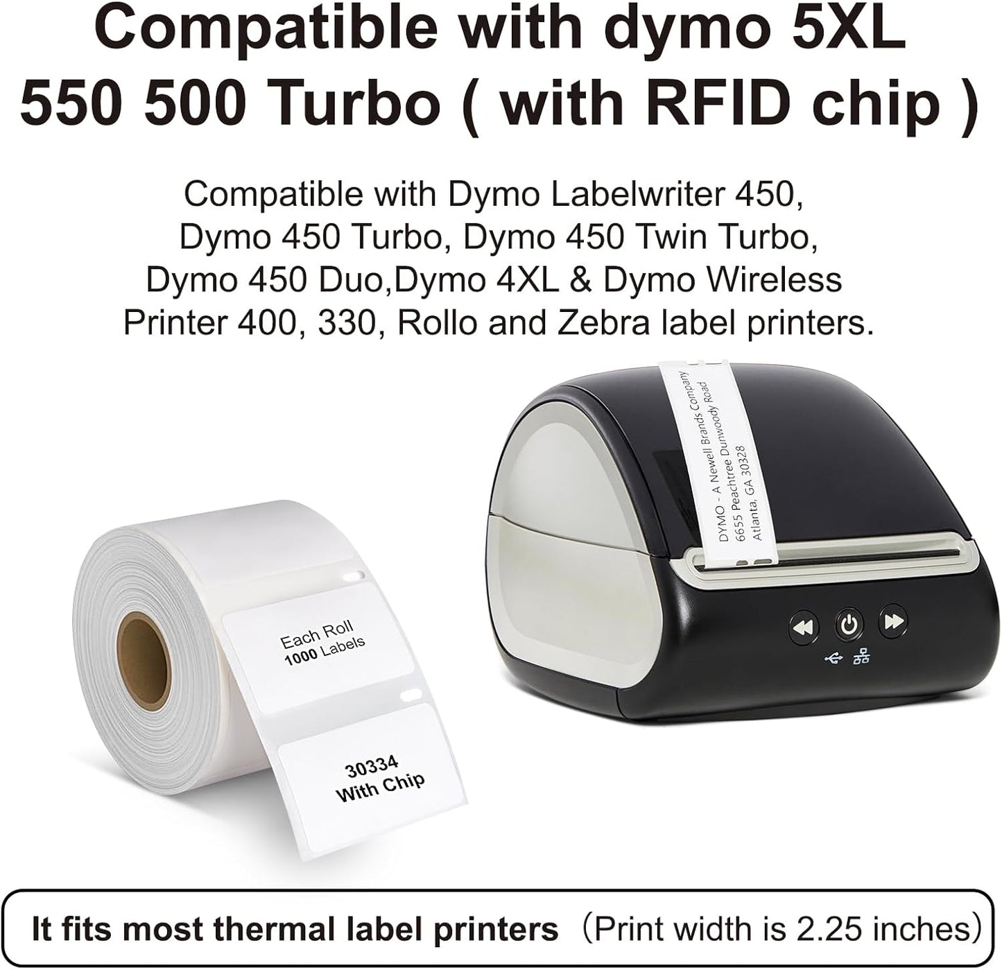 Hehua 2-1/4" x 1-1/4" Compatible with DYMO Labelwriter 550 5XL 30334 with RFID Chip, Multipurpose Barcode & FNSKU Labels, Perforated, Compatible with DYMO Desktop Printers, Total 4000 Labels/4 Rolls