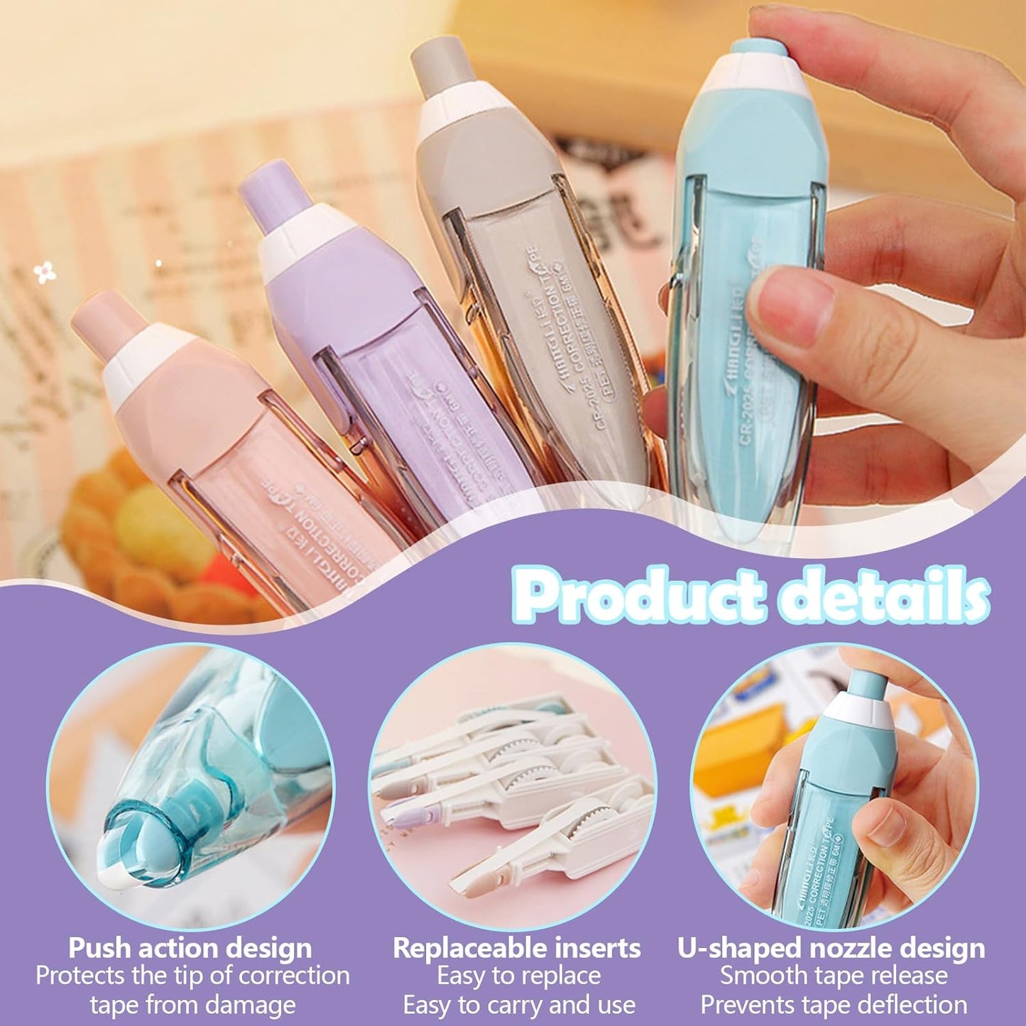 4 Pcs Refillable Retractable Correction Tape, Correction Tape Pen Easy to Use, Pen Shaped Applicator for Corrections Office School Supplies (4 Colors)