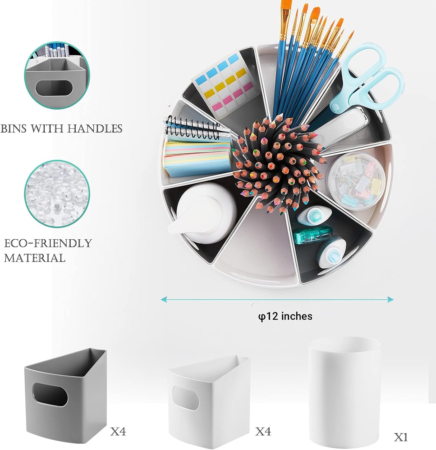 MeCids 360 Rotating Storage Organizer Desk Organizers Pen Holder– 12” Lazy Susan Style Caddy with Removable Bins, for Home Office Supplies, Art Supplies, Make-up & Kitchen Use, with Card & Gift Box