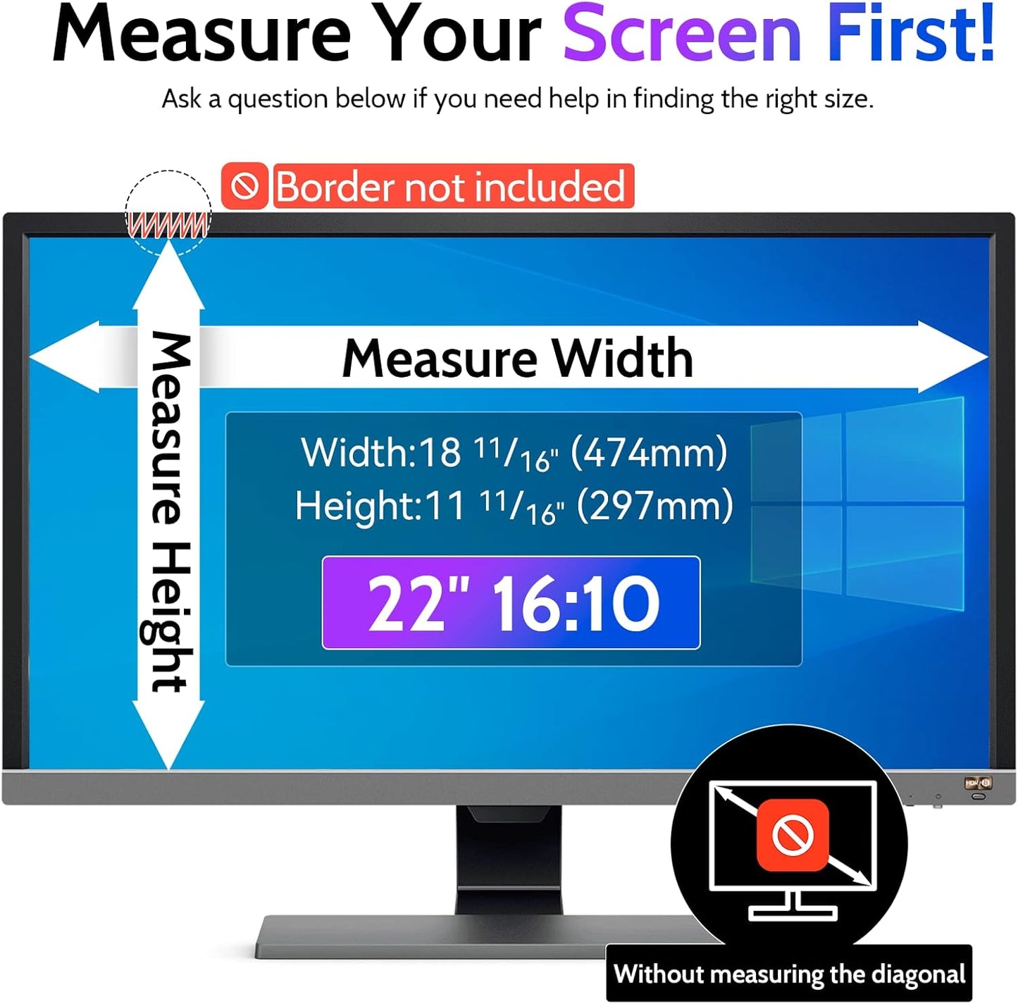Privacy Screen for Computer Monitor 22 Inch 16:10 Aspect Ratio, Anti Blue Light Glare Removable 22 in Privacy Screen Filter Protective Film, HD 22 Inch Privacy Screen Protector for Monitor