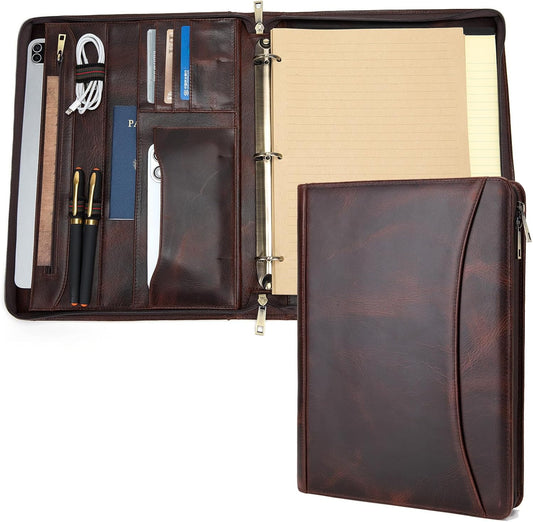 3 Ring Binder Genuine Leather Portfolio, Front Pocket, 8.5 x 11 Legal Pad Padfolio for Men and Women, Zippered Notepad Laptop Organizer, Business Executive Work Folio, Dark Brown, Oil Tanned