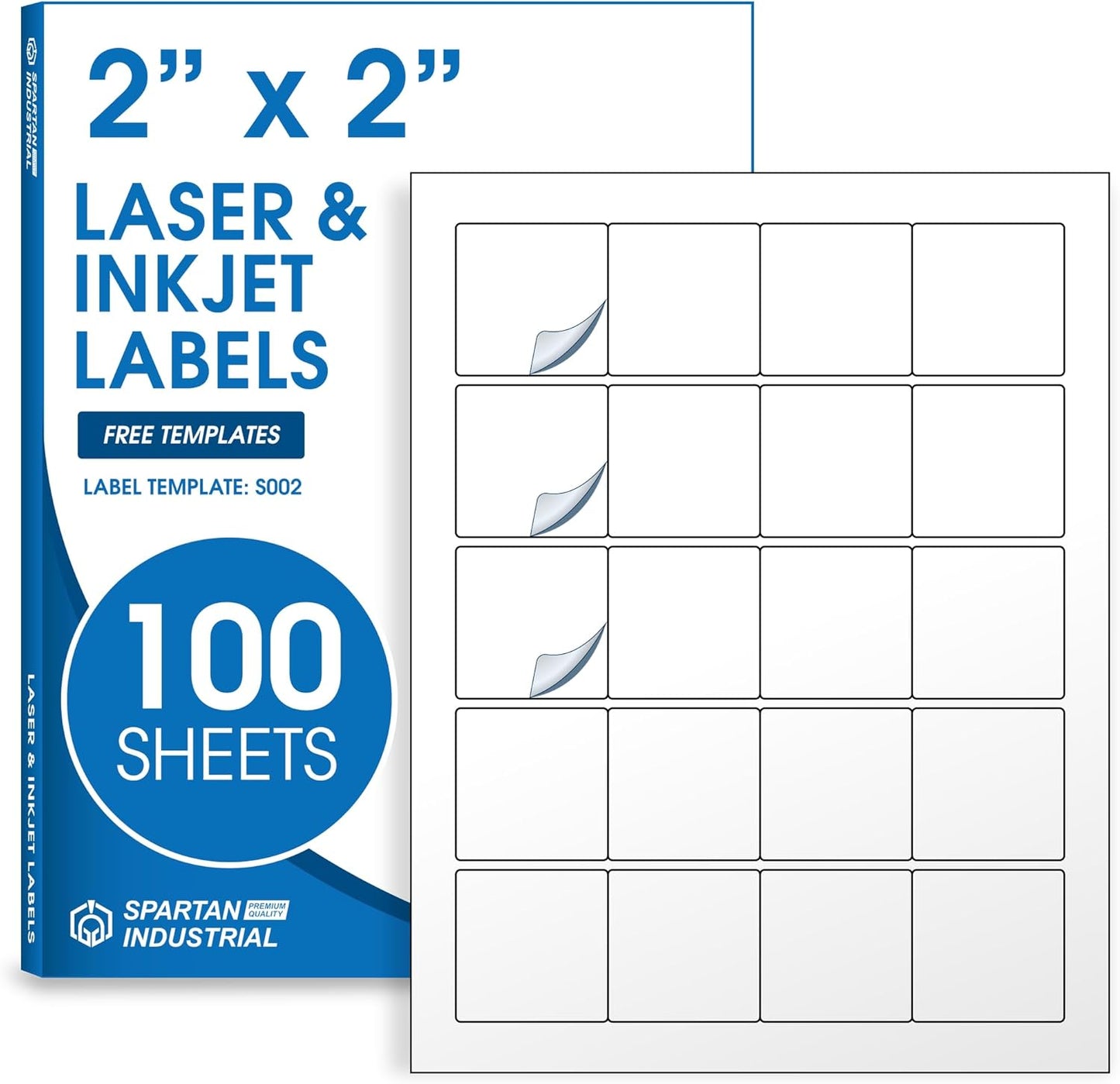 2" X 2" Square Printable Labels Compatible with Inkjet and Laser Printers - 100 Sheets, 2000 Matte White Paper Stickers for Logos, Product Labeling, and QR Codes - Spartan Industrial