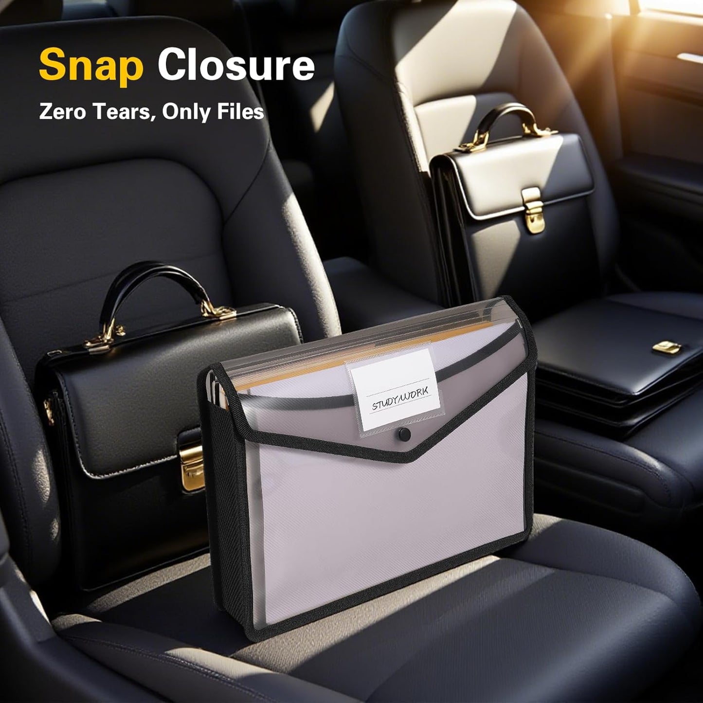 Go&Fan 5 Packs Expanding File Folder,no dividers, Plastic envelopes with snap Closure,Paper Organizer Folder with Lable Pocket (Black)