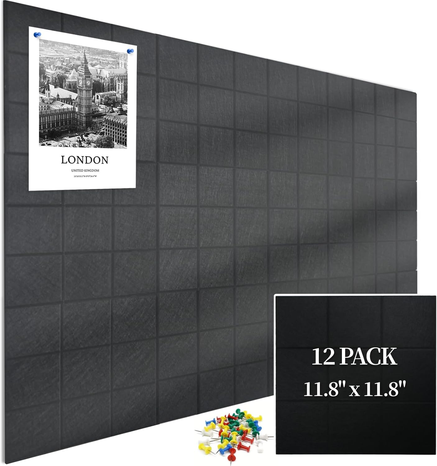 12 Pack Large Cork Board for Walls, 48" X 36" Felt Bulletin Board Tiles with 48 Safe Removable Adhesive Tabs & 60 Push Pins Board Decorative Cork Board Tack Board Wall Organizer for Office - Black