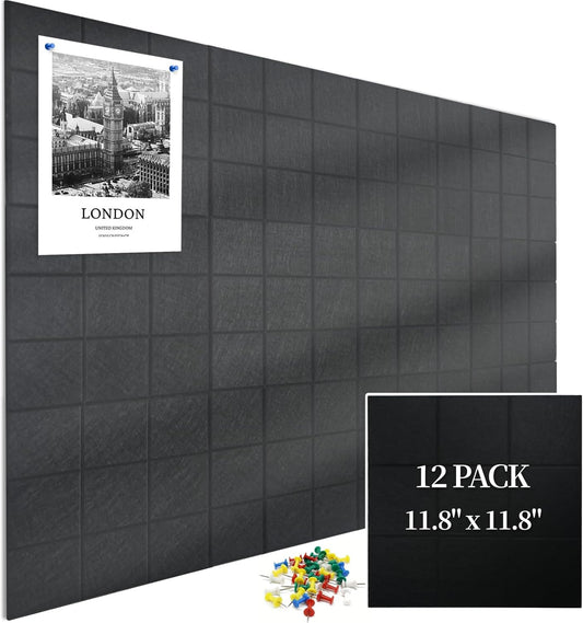 12 Pack Large Cork Board for Walls, 48" X 36" Felt Bulletin Board Tiles with 48 Safe Removable Adhesive Tabs & 60 Push Pins Board Decorative Cork Board Tack Board Wall Organizer for Office - Black