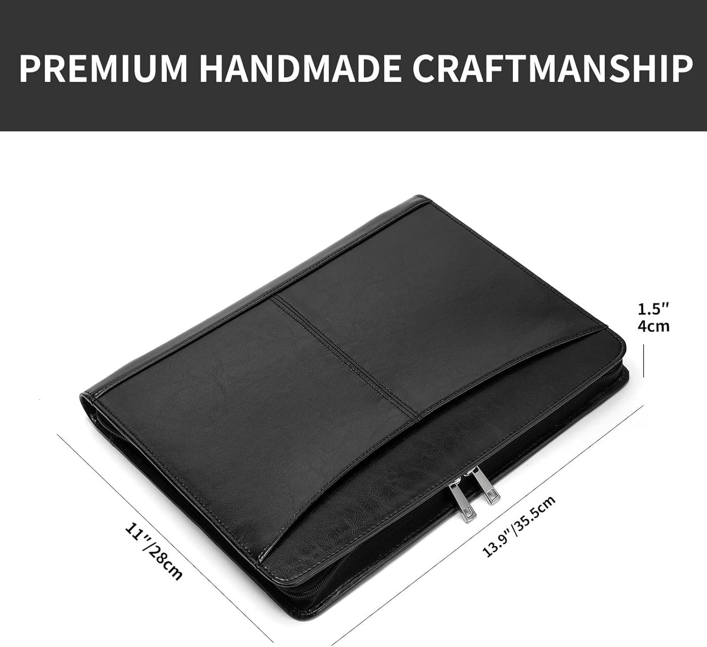 Personalized Vegan Leather Portfolio with Front Pocket for Men and Women, Custom Zippered Padfolio Binder for 8.5 x 11 Legal Pad Notebook, Professional Laptop Case, Black