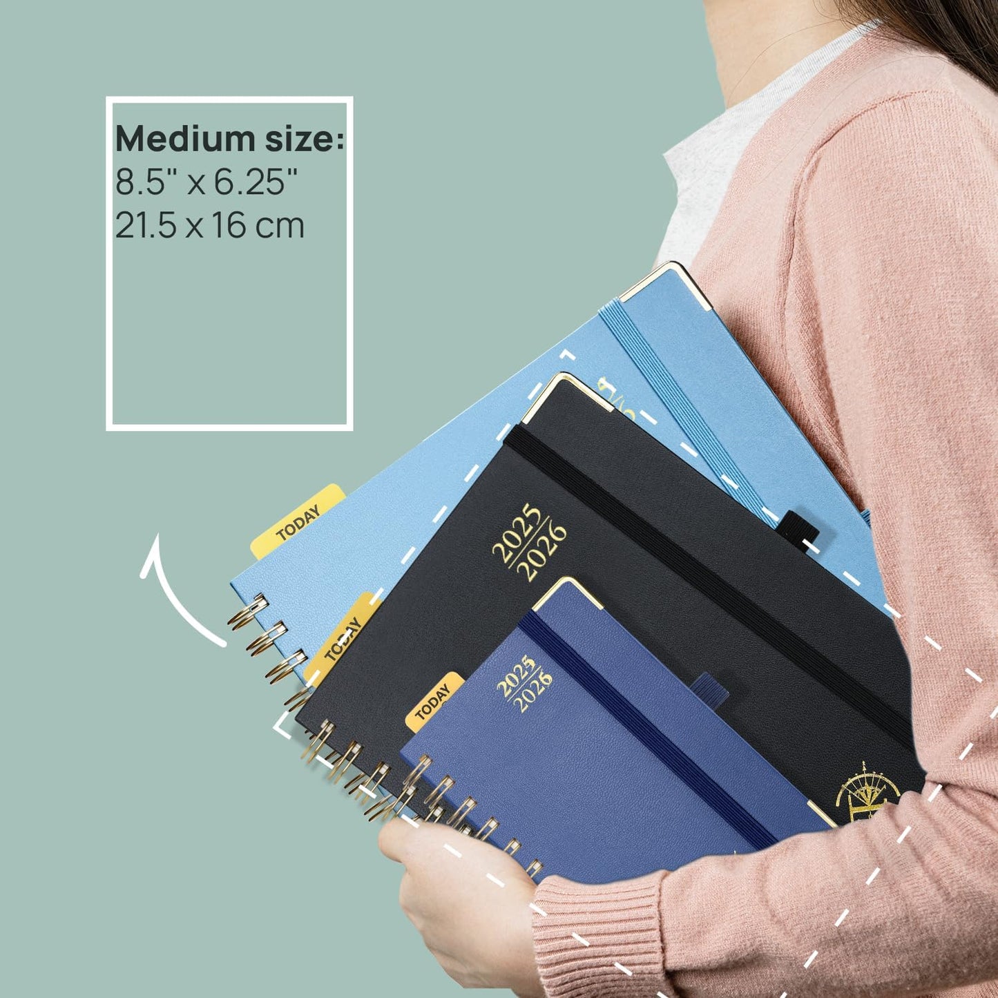 POPRUN Academic Planner 2025-2026 (July 2025-June 2026), Daily Weekly and Monthly Appointment Book (Wirebound Hard Cover - 6.25'' x 8.5'') with Hourly Time Slots, Tabs, 100 GSM - Pacific Green