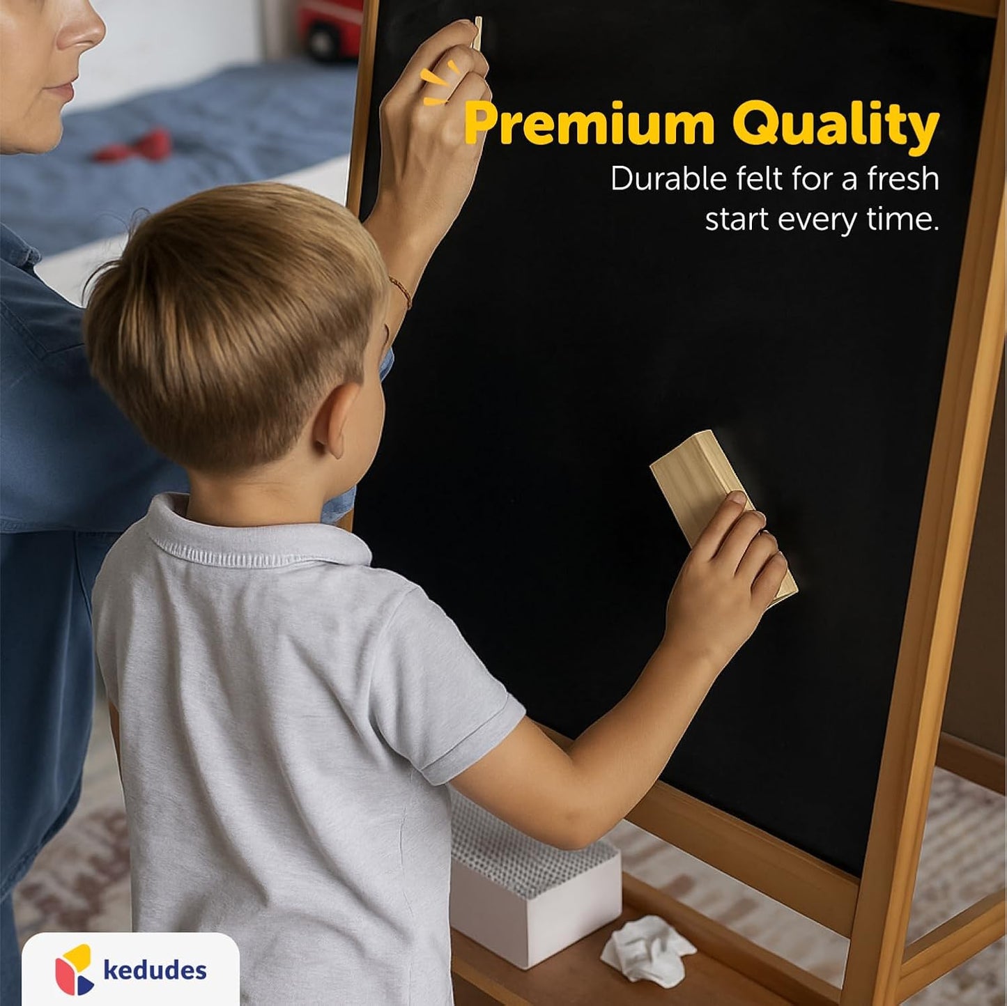 Traditional Chalkboard Eraser 2 Pack - 4.9 Inch Premium Chalk Erasers with Wooden Handle - Eraser for Chalkboard, Blackboard & Dry Chalk Surfaces - Durable Cleaner for Classrooms or Home