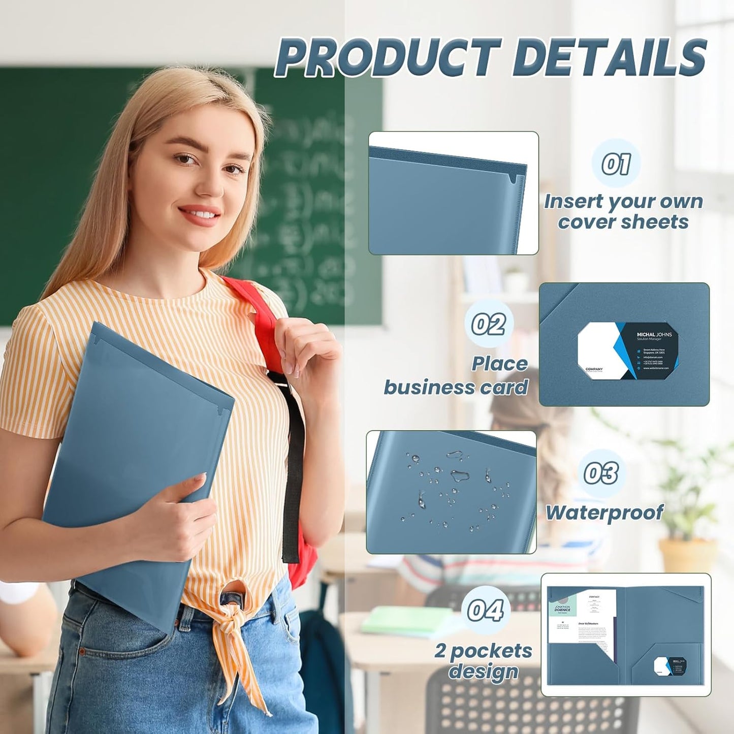 Henoyso 60 Pcs Plastic Folders with Clear Front Pockets Heavy Duty File Folders with 2 Pockets and Card Slot for Student Communication School Office Presentation Report (Blue Gray)