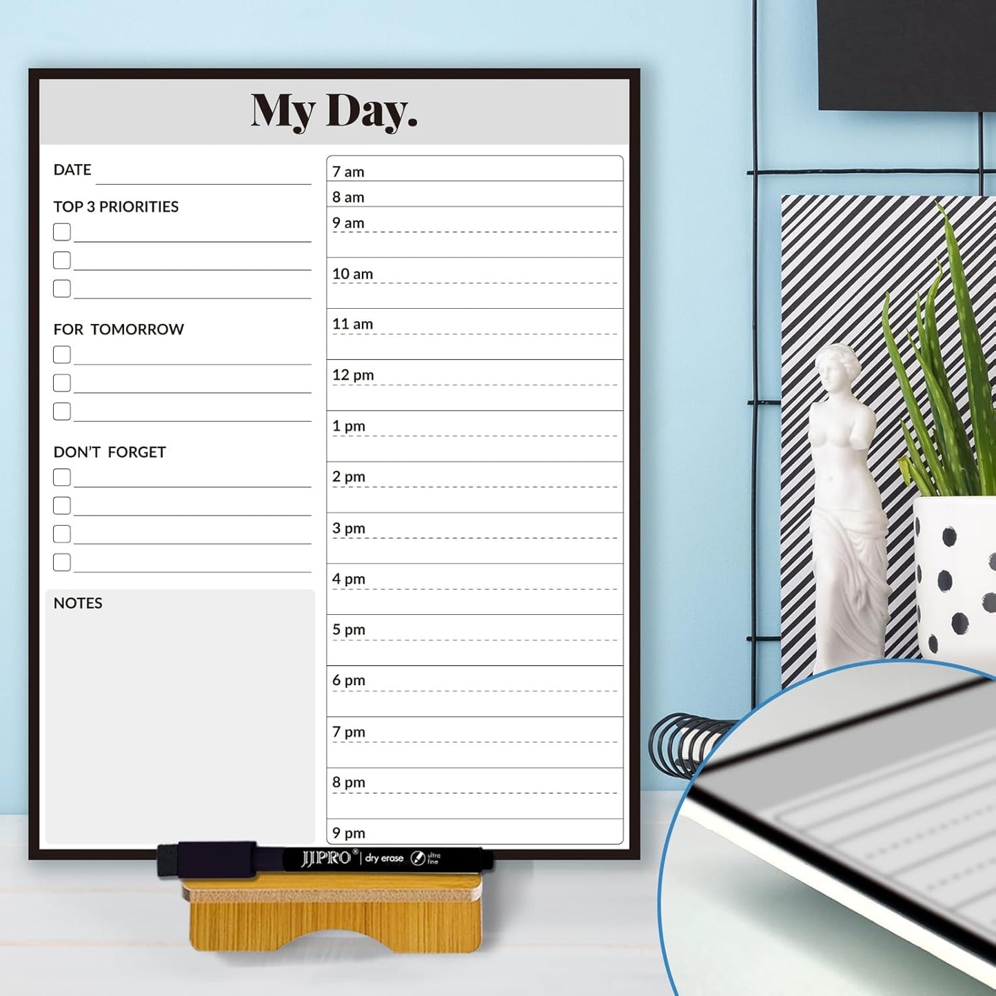JJPRO Reusable Desktop Daily Planner with Stand,Hourly Dry Erase Board,11"x8.5" Hourly Schedule Board,Dry Erase Time Schedule with Time Slots,Reusable Desk Hourly Dry Erase Board with Detachable Engineered Wood Stand for Office, Home