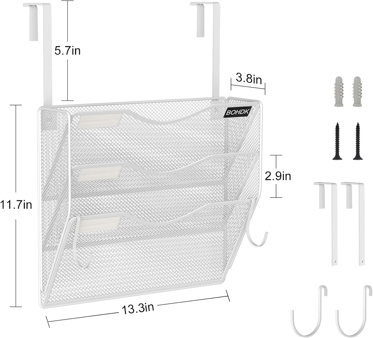 Wall File Organizer, 3 Tire Hanging File Folder Mail Organizer, Vertical Mesh Metal Door/Wall Mount Hanging File Organizer, Paper Document Magazine Rack with Hooks for Home Office White