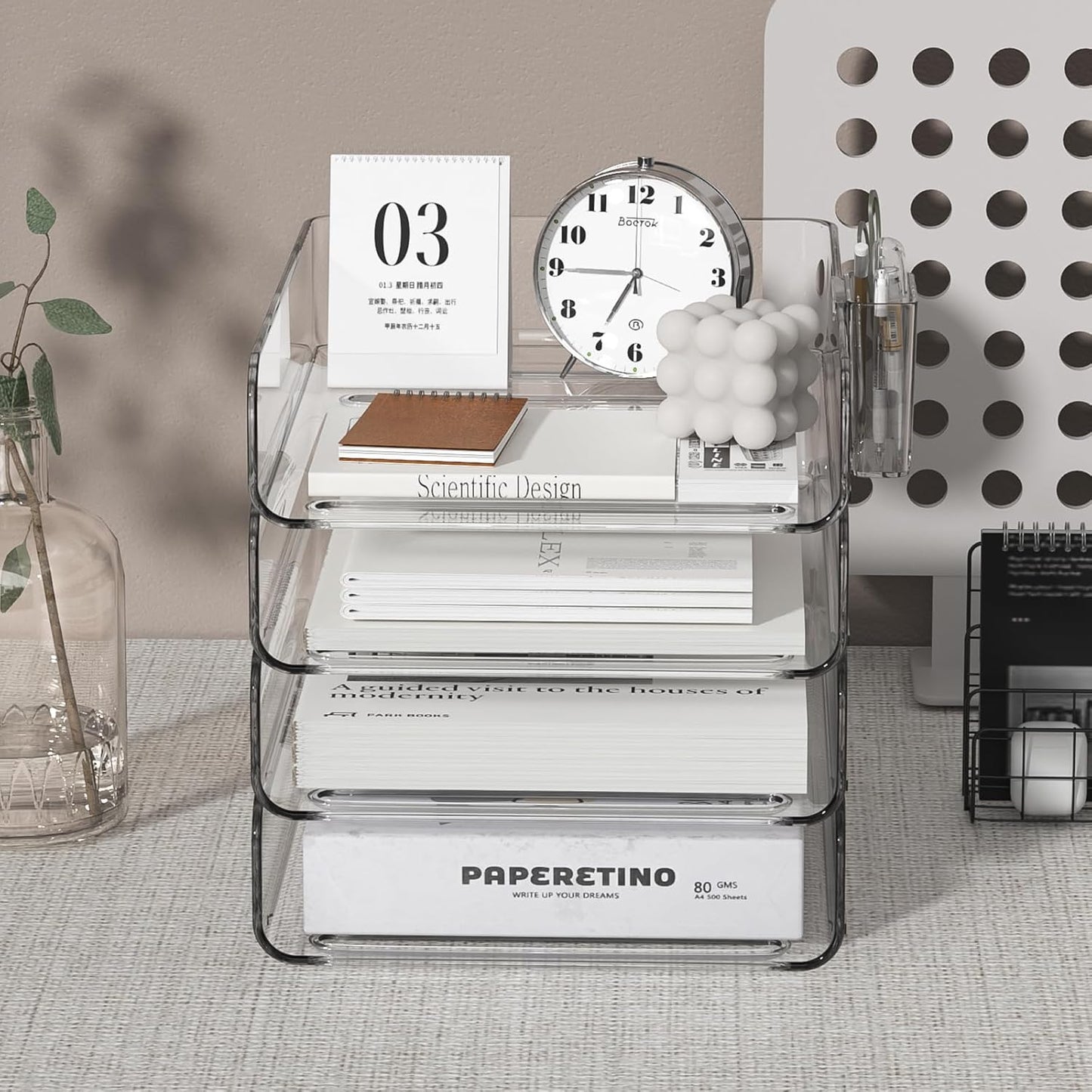 4-Tier Acrylic Paper Tray Organizer with Pen Holder | Clear Stackable Desk Organizer for Documents, Letters, A4 Paper | Modern Office/Classroom/Home Organization