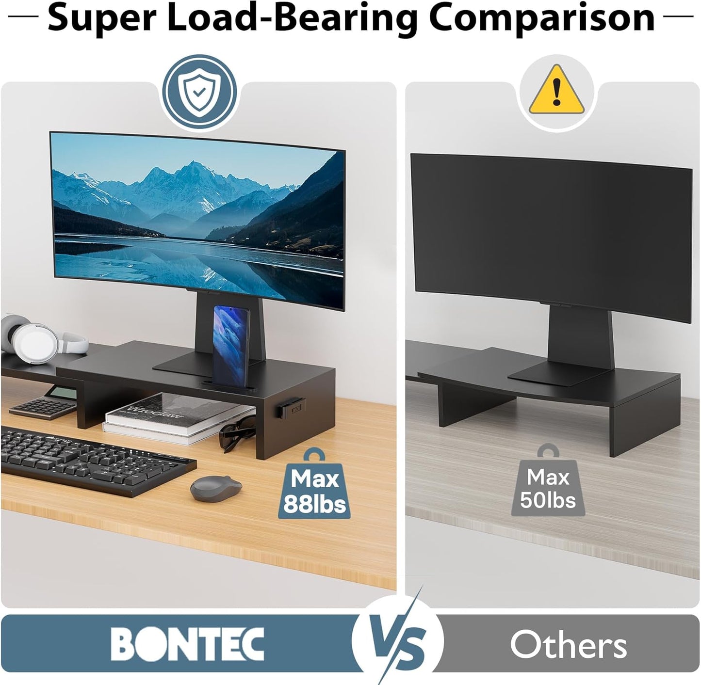 BONTEC Dual Monitor Stand for Desk, Adjustable Length and Angle Monitor Stand Riser with Smartphone Holder, Desk Shelf for Top of Desk, Computer Monitor Stand with Storage, Office Desk Organizer, Black