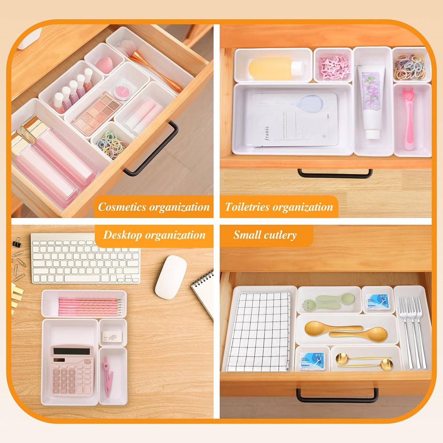 Kitchen Desk Drawer Organizers Storage for Office, Small Acrylic Vanity Trays Makeup for Drawer Bathroom Plastic Make up Organizers 25 Pcs White