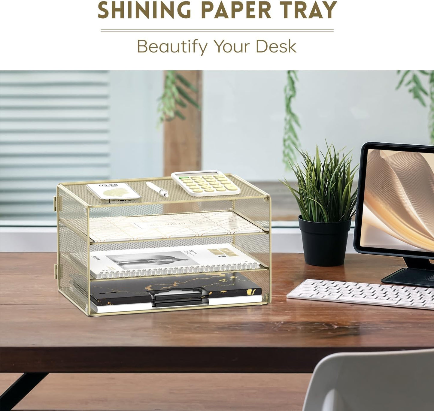 DALTACK 3 Tier Letter Tray Paper Organizer Mesh Metal Desk File Organizer for Home & Office, Golden Yellow