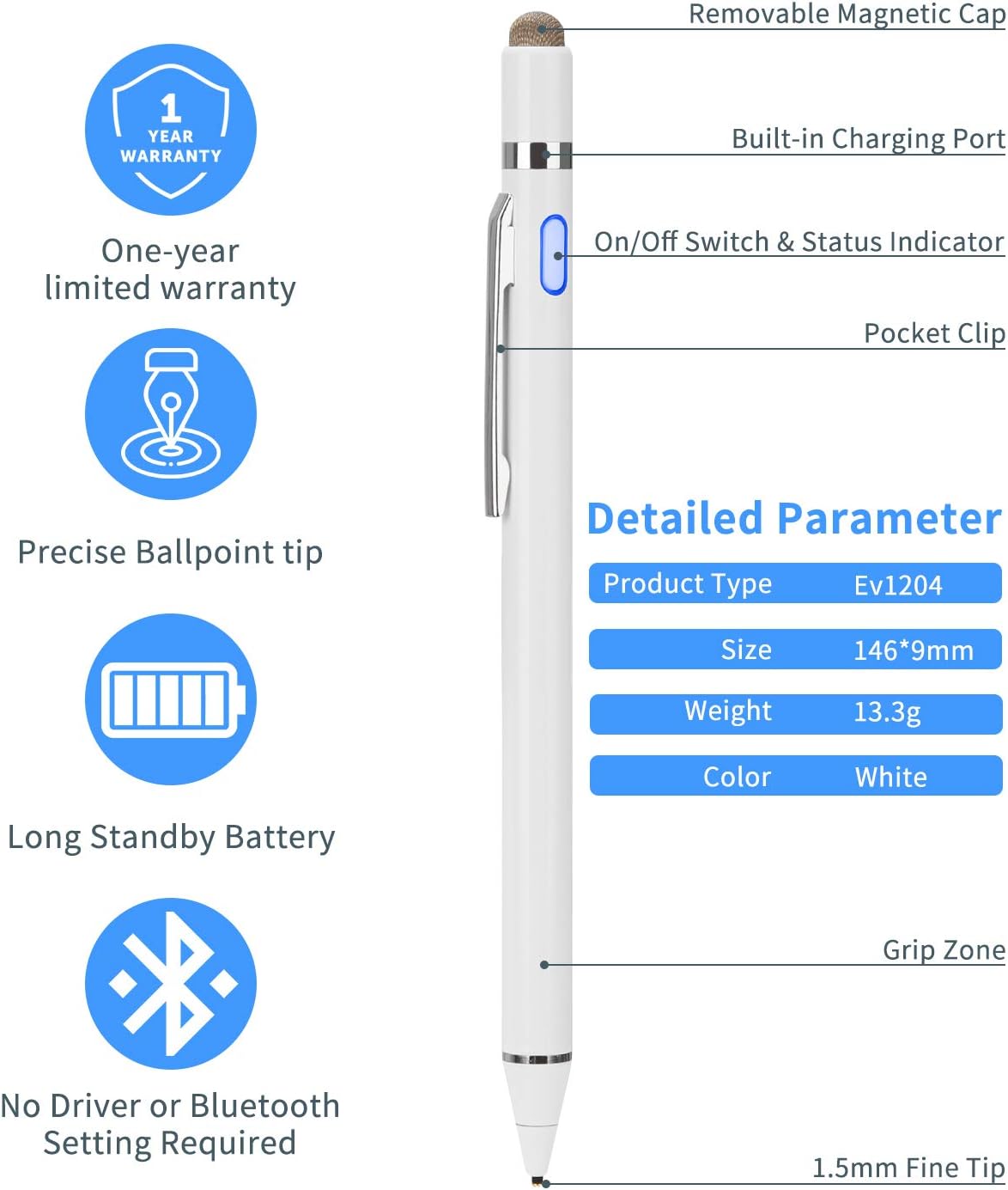 2-in-1 Active Stylus Digital Pen with 1.5mm Ultra Fine Tip for iPad iPhone Samsung Tablets, Work on Touchscreen Phones and Tablets,Good at Drawing and Writing, White