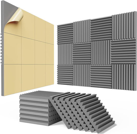 12 Pack Self-Adhesive Acoustic Panels - 1”X 12”X 12”Wall Panels - Quick-Recovery and High Density Sound Panels - Sound proof Acoustic Foam for Home Studio - Gray