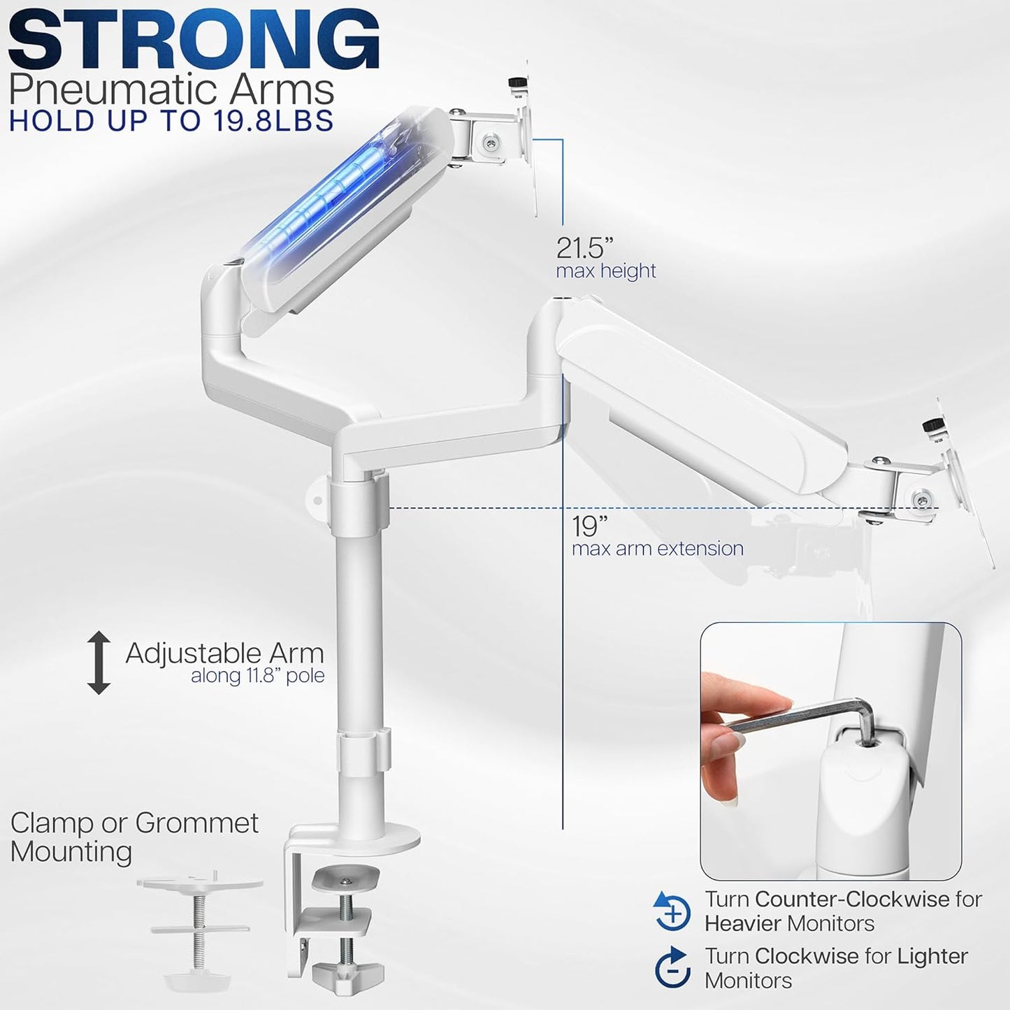VIVO 17 to 32 inch Dual Pneumatic Monitor Mount, 2 Pneumatic Arms, Adjustable Swivel, Rotation, Heavy Duty VESA Desk Stand with C-clamp, Grommet, Max VESA 100x100, White, STAND-V002KW